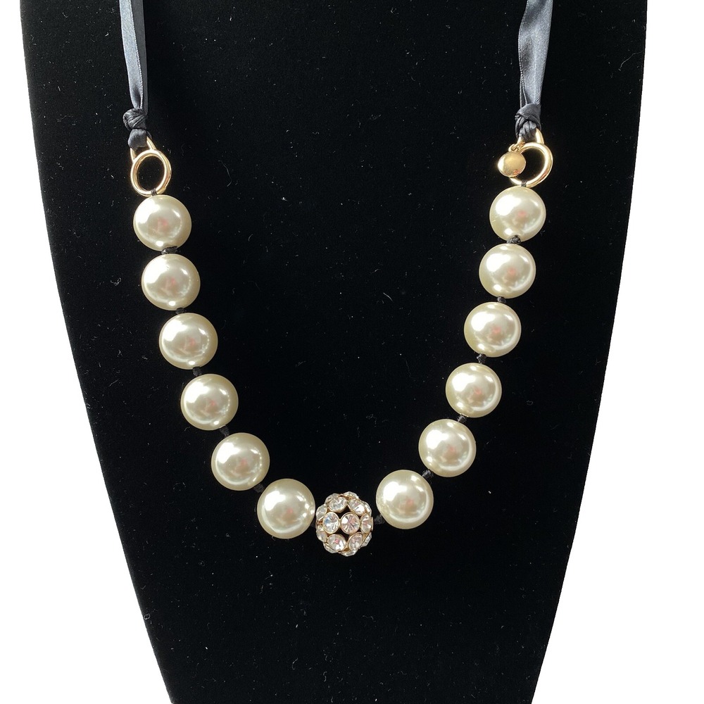 White‎ Pearl Beaded Ribbon Necklace Womens Rhinestone Embellished Bead